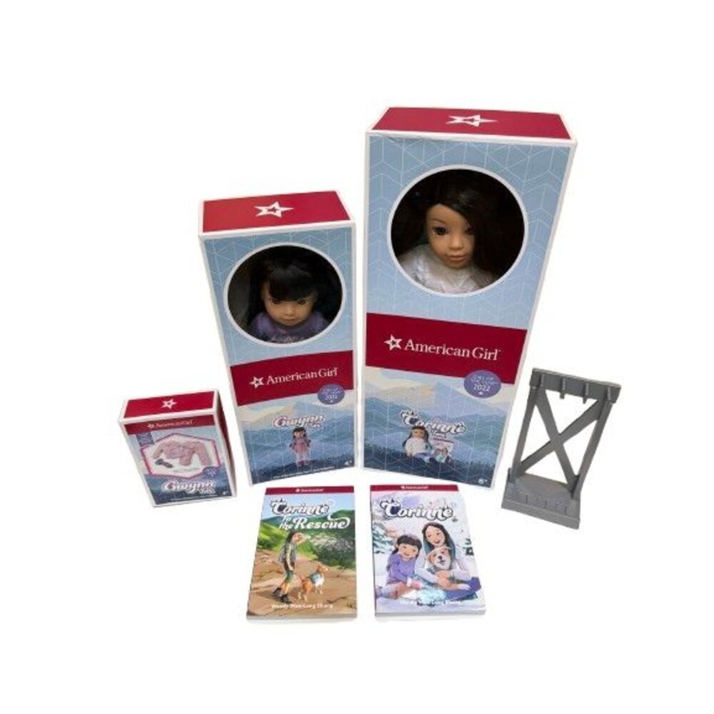 American Girl Corinne & Gwynn Tan Doll Lot GOTY 2022 Boxes Books Stand EUC